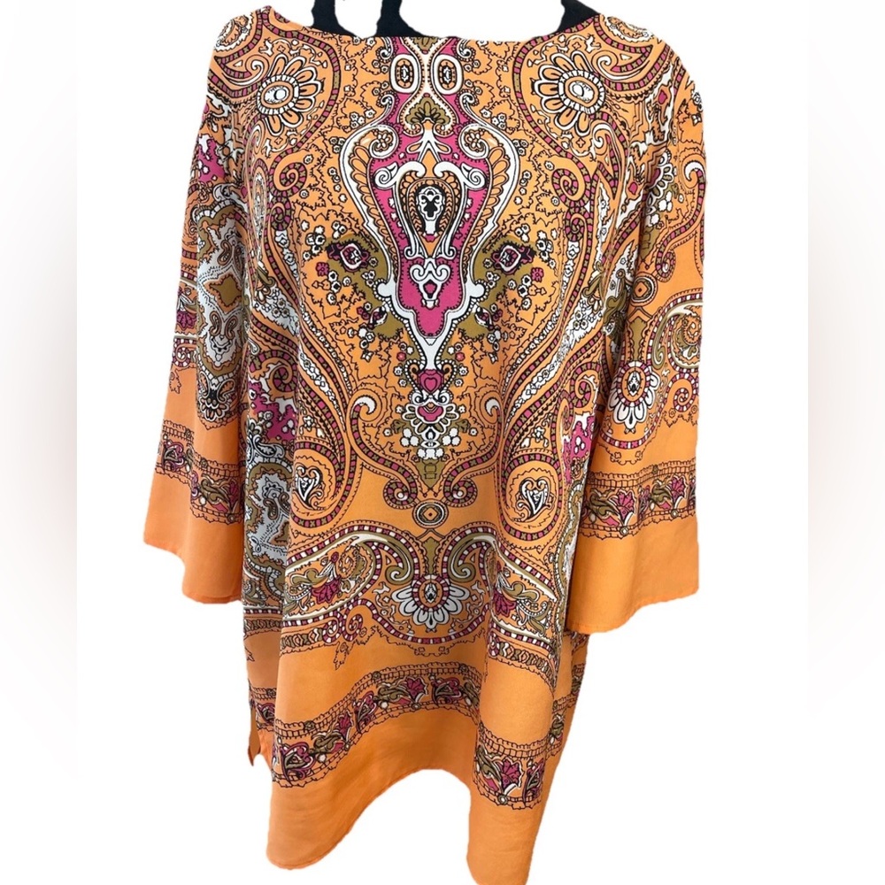 New York &‎ Co orange paisley boho hippie ladies tunic top size XL lightweight